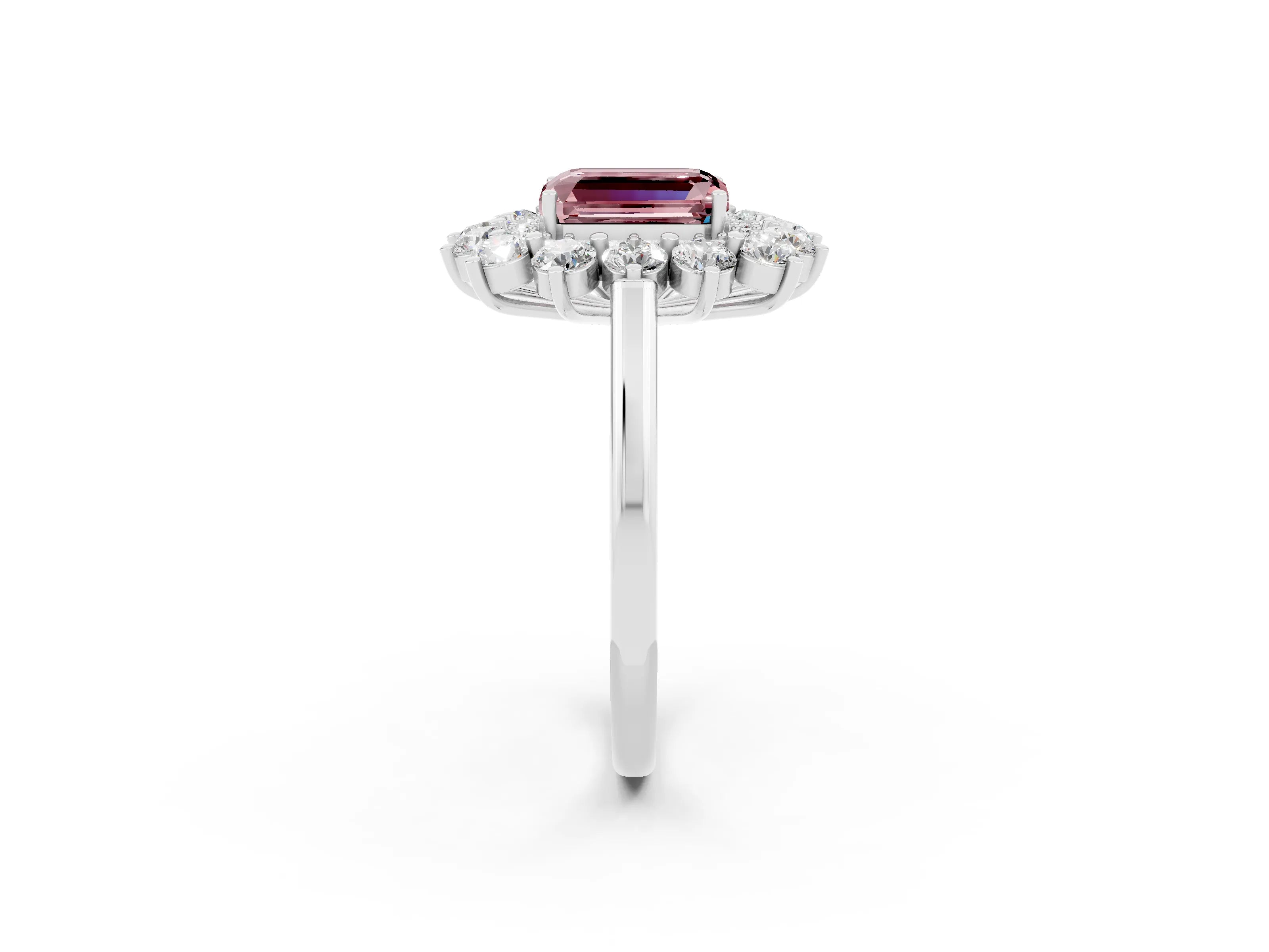 White gold Emerald Cut Halo Cluster Diamond Ring with Pave Band and Four-Prong Setting_14