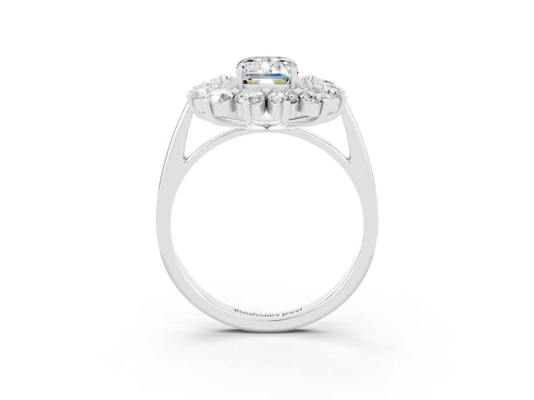 Platinum Emerald Cut Moissanite Floral Double Halo Engagement Ring with Prong Setting