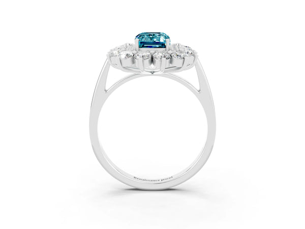 Platinum Emerald Cut Blue Topaz Floral Double Halo Engagement Ring with Prong Setting