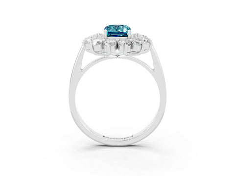 White gold Emerald Cut Halo Cluster Diamond Ring with Pave Band and Four-Prong Setting_15
