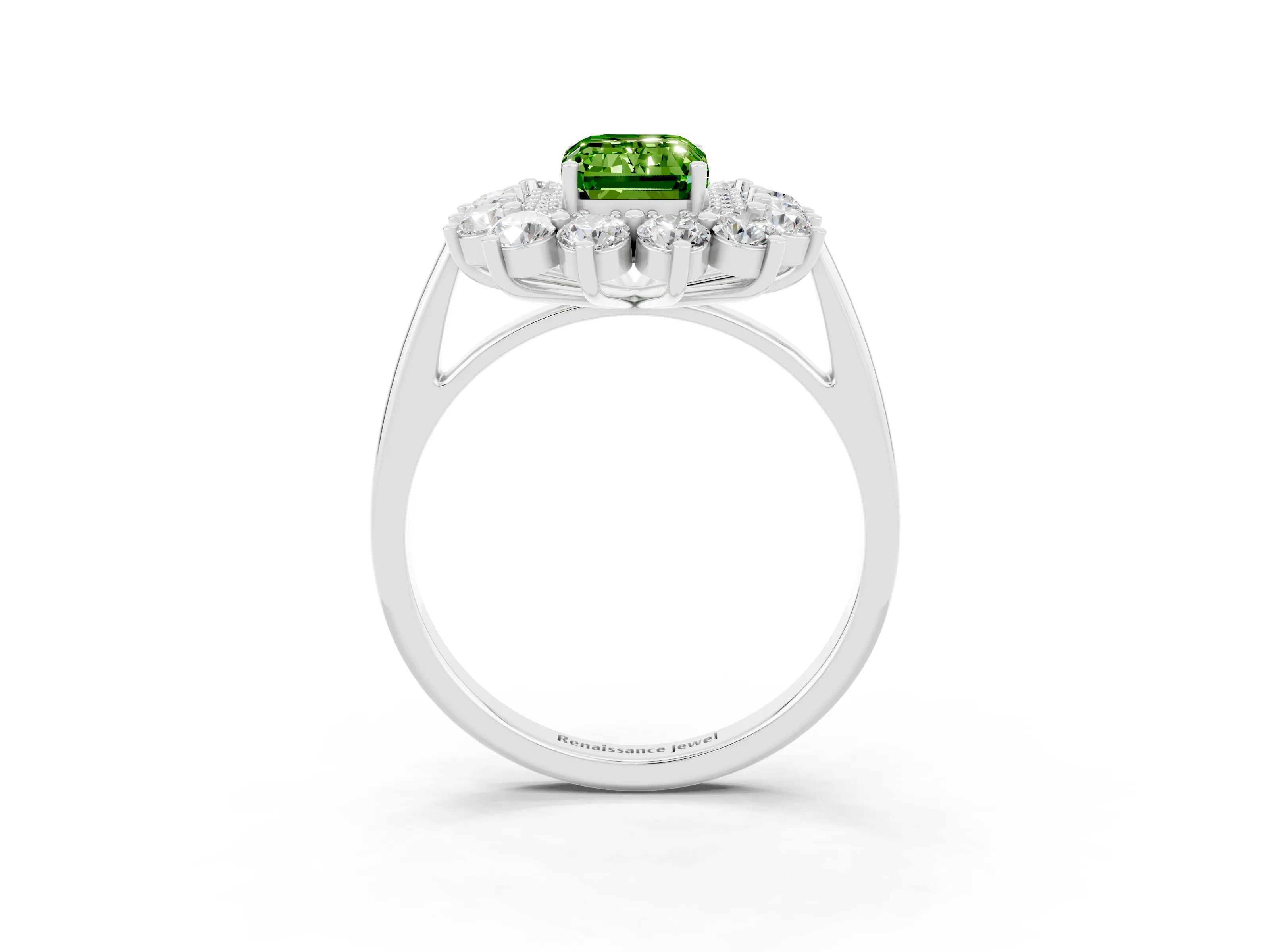 White gold Emerald Cut Halo Cluster Diamond Ring with Pave Band and Four-Prong Setting_15