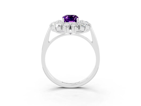 Platinum Emerald Cut Amethyst Floral Double Halo Engagement Ring with Prong Setting