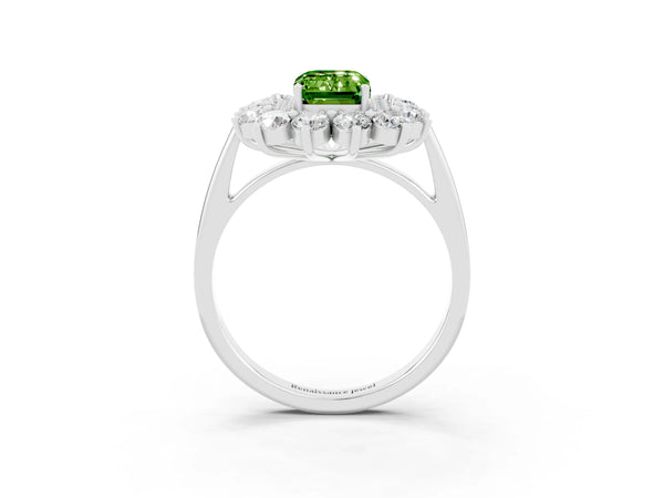 Silver Emerald Cut Peridot Floral Double Halo Engagement Ring with Prong Setting