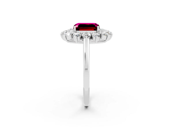 Platinum Emerald Cut Garnet Floral Double Halo Engagement Ring with Prong Setting