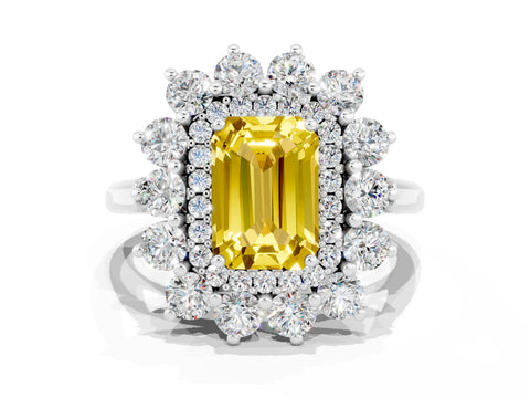 White gold Emerald Cut Halo Cluster Diamond Ring with Pave Band and Four-Prong Setting
