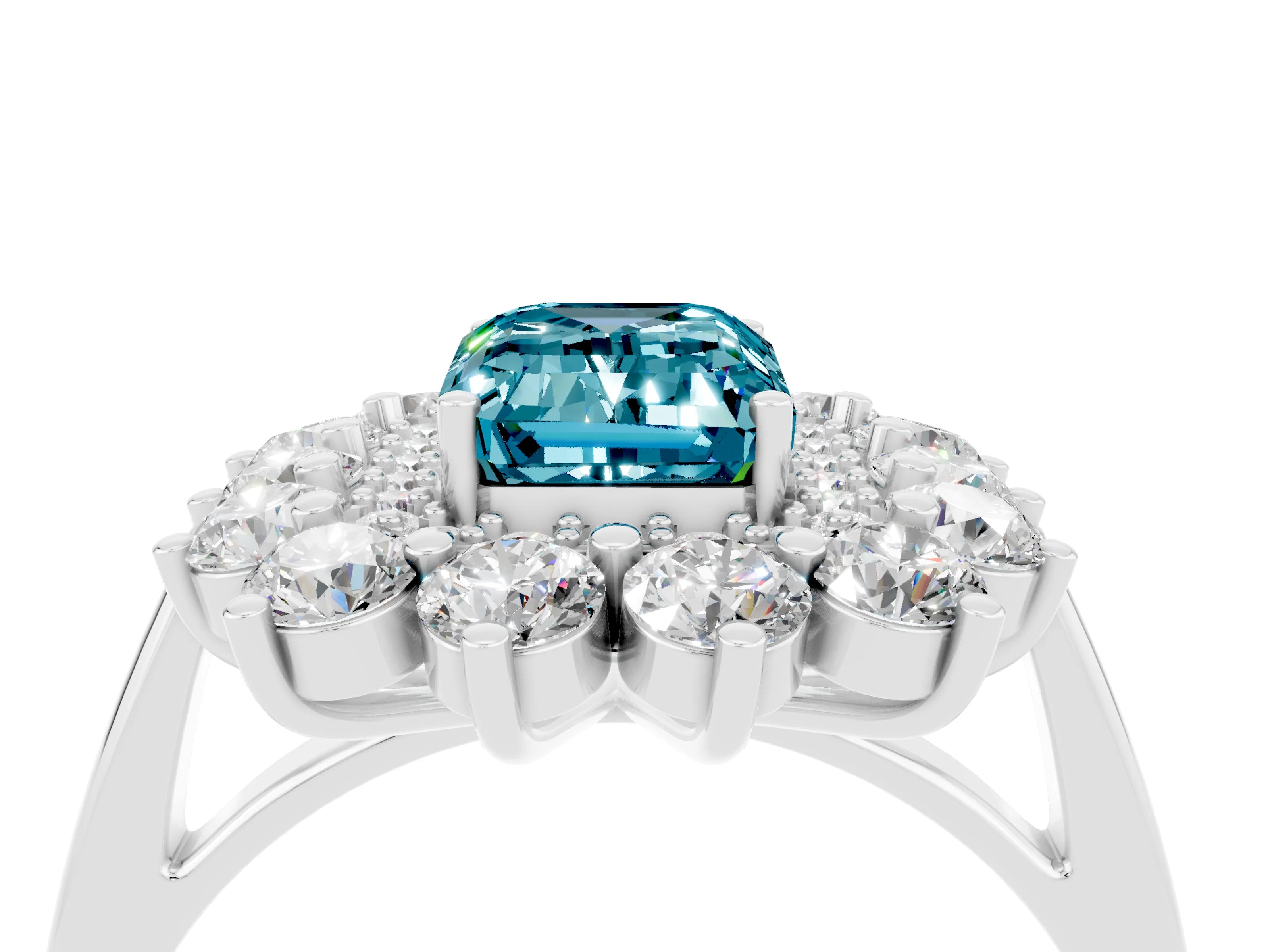 White gold Emerald Cut Halo Cluster Diamond Ring with Pave Band and Four-Prong Setting_16