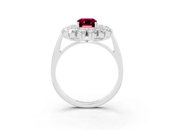 Platinum Emerald Cut Garnet Floral Double Halo Engagement Ring with Prong Setting