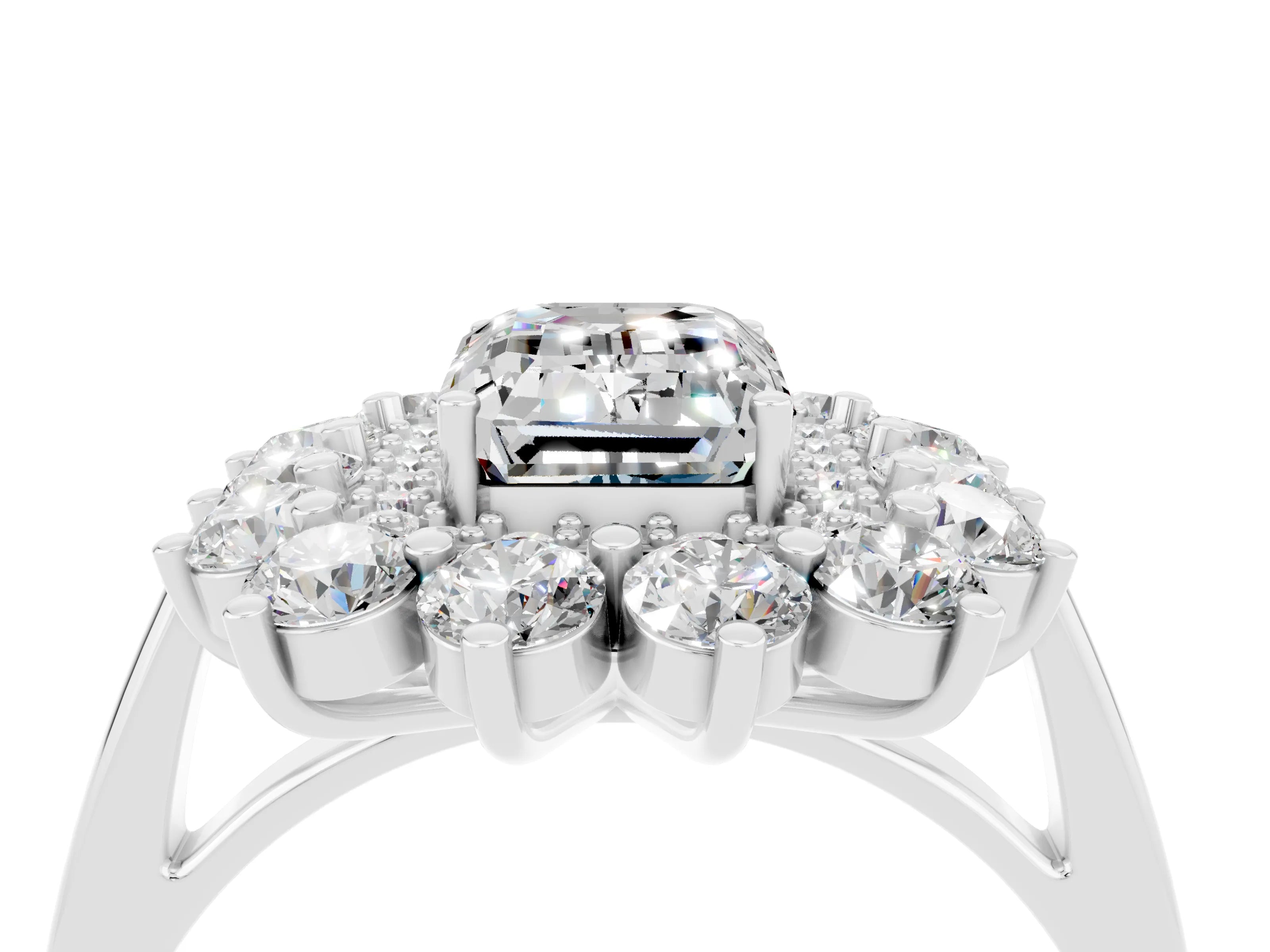 White gold Emerald Cut Halo Cluster Diamond Ring with Pave Band and Four-Prong Setting_16
