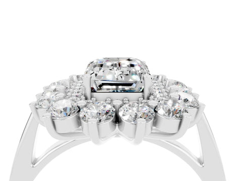 White gold Emerald Cut Halo Cluster Diamond Ring with Pave Band and Four-Prong Setting_16