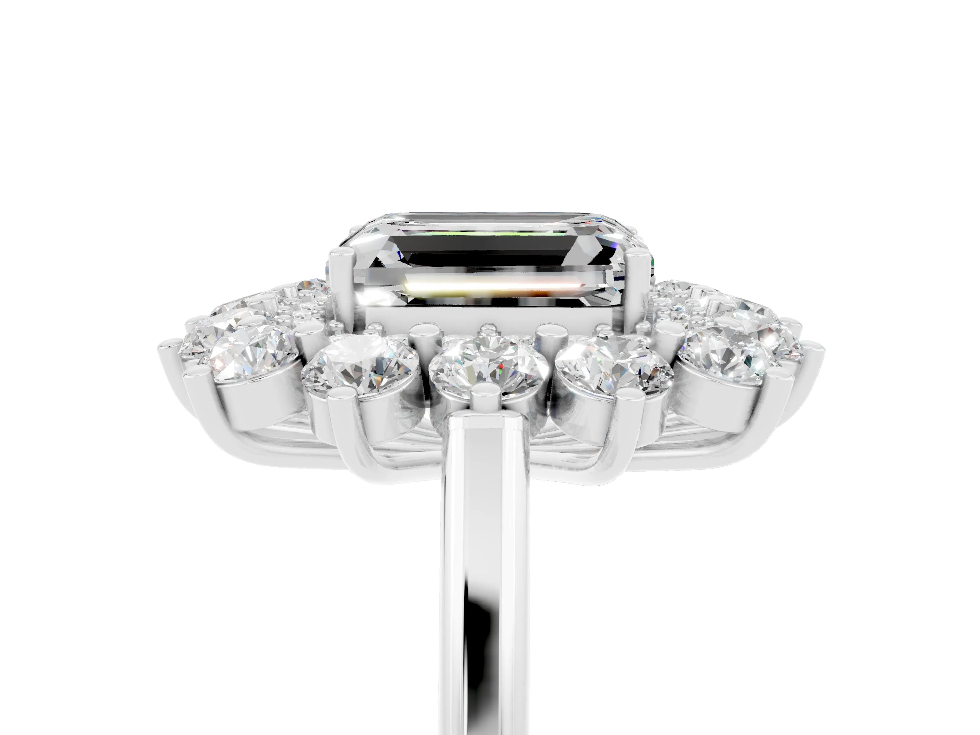 White gold Emerald Cut Halo Cluster Diamond Ring with Pave Band and Four-Prong Setting_17