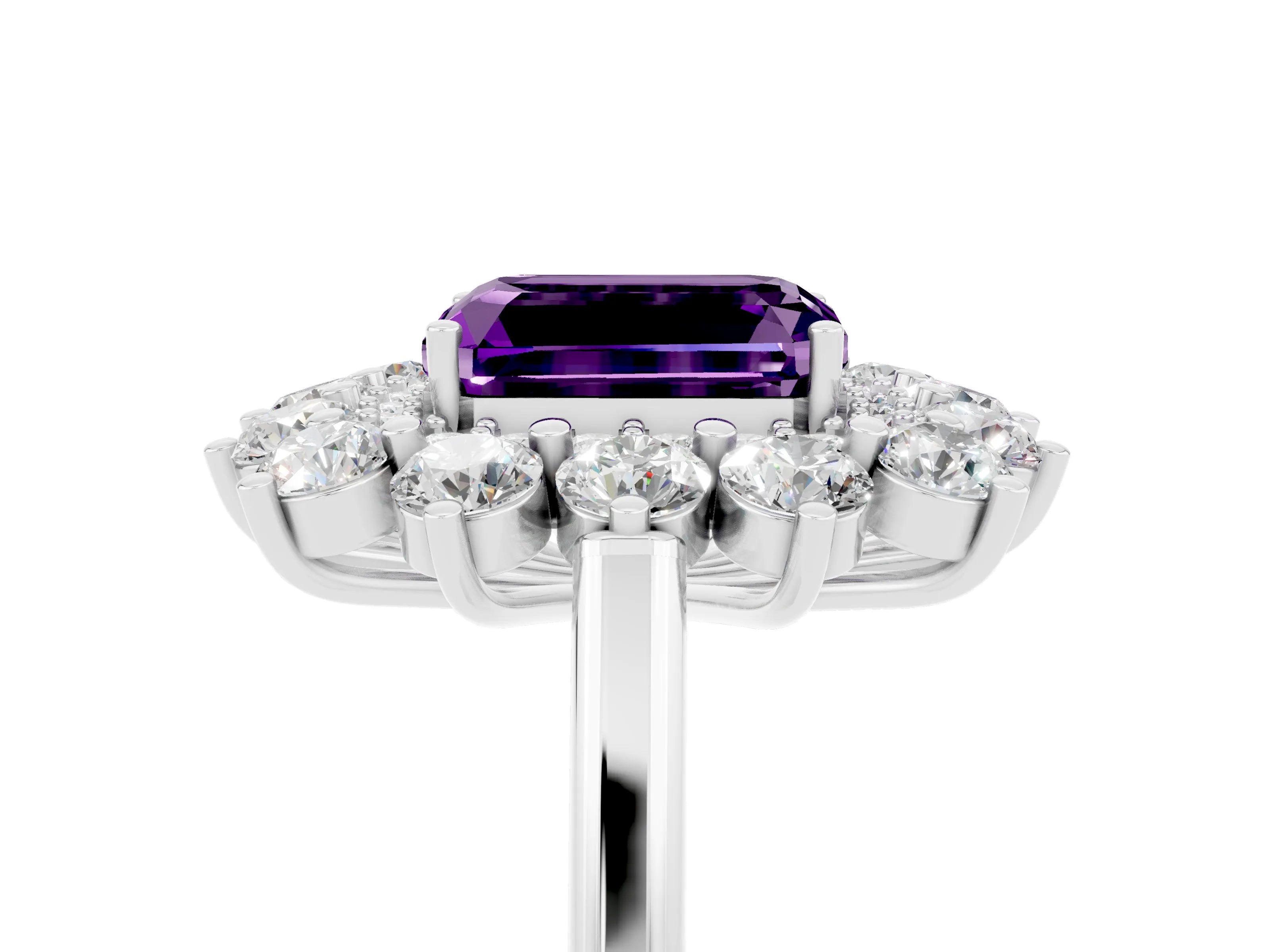 White gold Emerald Cut Halo Cluster Diamond Ring with Pave Band and Four-Prong Setting_17