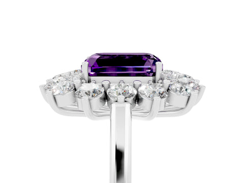 White gold Emerald Cut Halo Cluster Diamond Ring with Pave Band and Four-Prong Setting_17