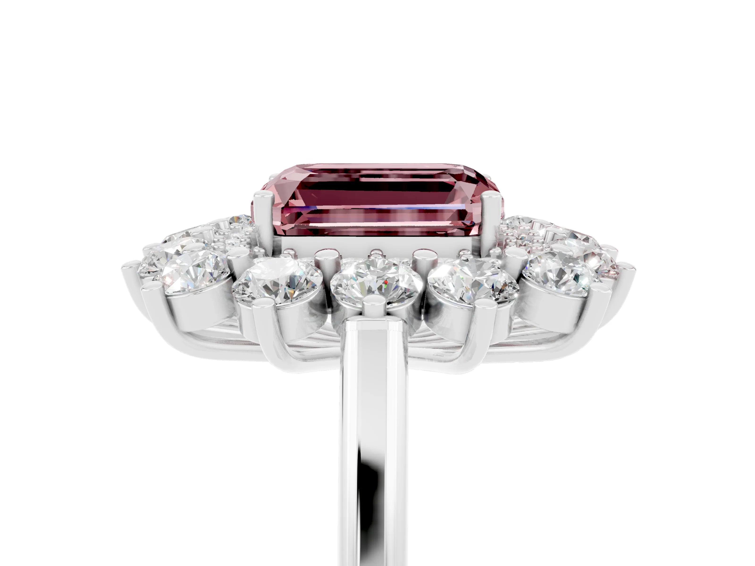 White gold Emerald Cut Halo Cluster Diamond Ring with Pave Band and Four-Prong Setting_17
