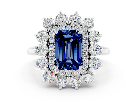 White gold Emerald Cut Halo Cluster Diamond Ring with Pave Band and Four-Prong Setting