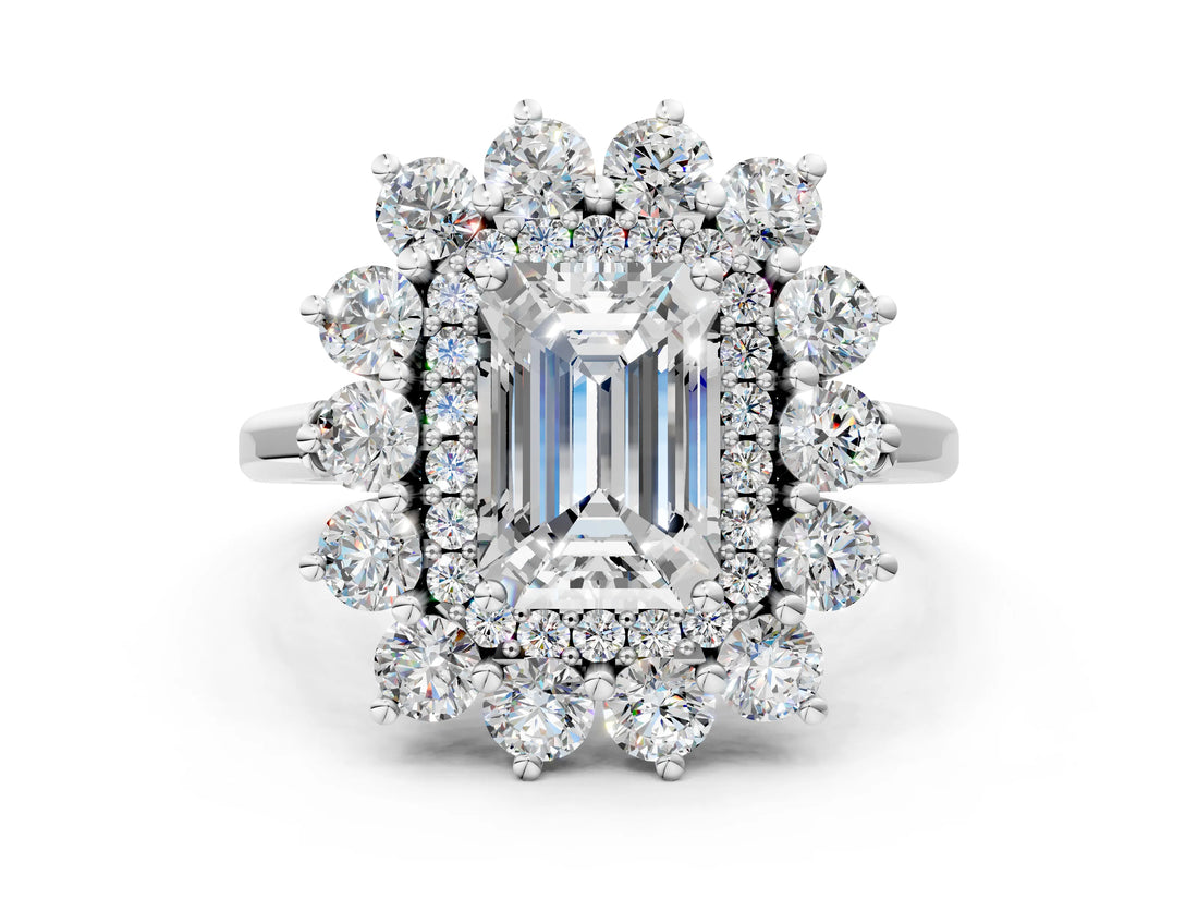White gold Emerald Cut Halo Cluster Diamond Ring with Pave Band and Four-Prong Setting_19