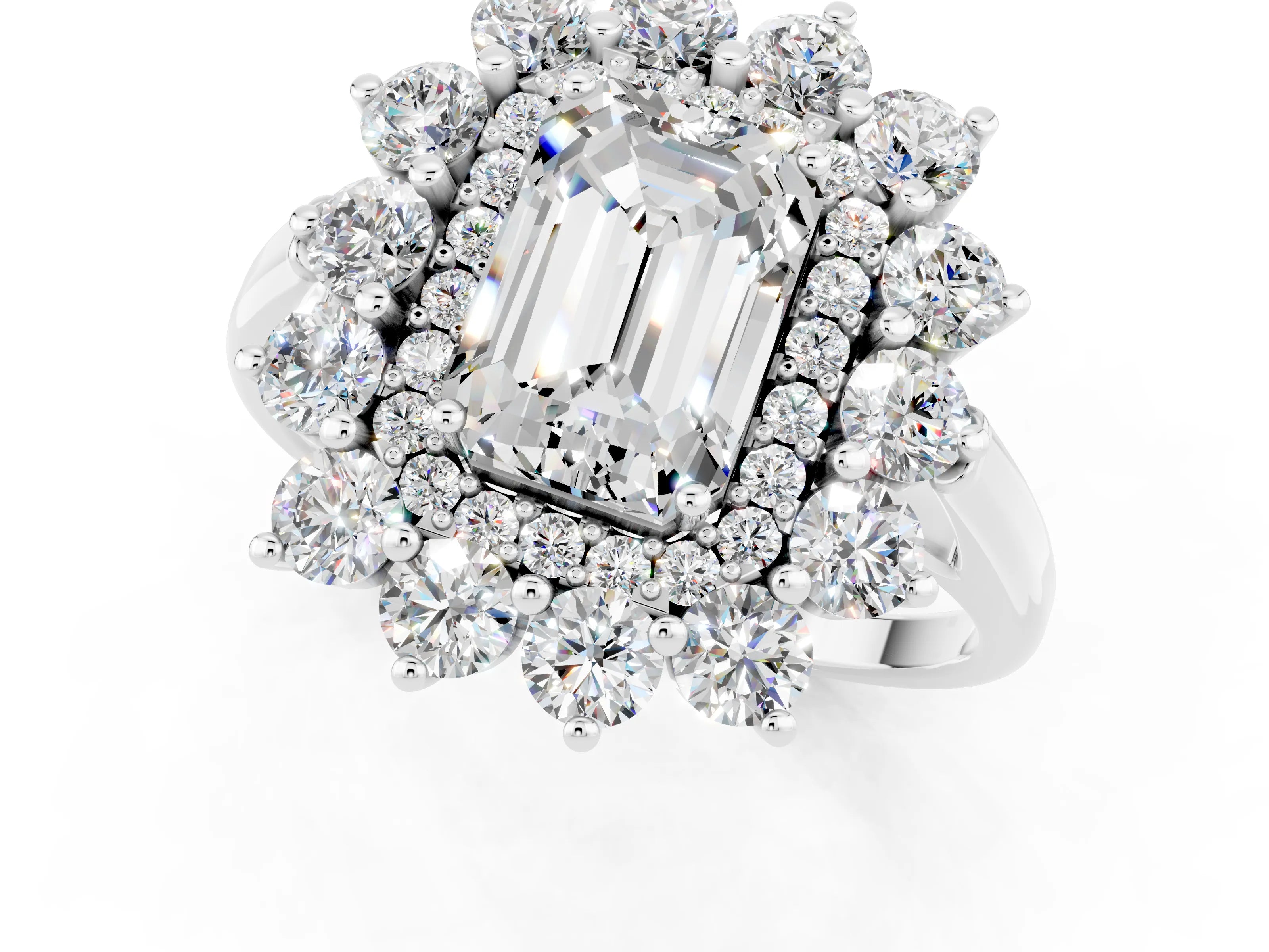 White gold Emerald Cut Halo Cluster Diamond Ring with Pave Band and Four-Prong Setting_1
