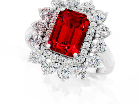 White gold Emerald Cut Halo Cluster Diamond Ring with Pave Band and Four-Prong Setting_1