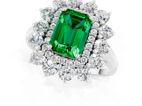 White gold Emerald Cut Halo Cluster Diamond Ring with Pave Band and Four-Prong Setting_1