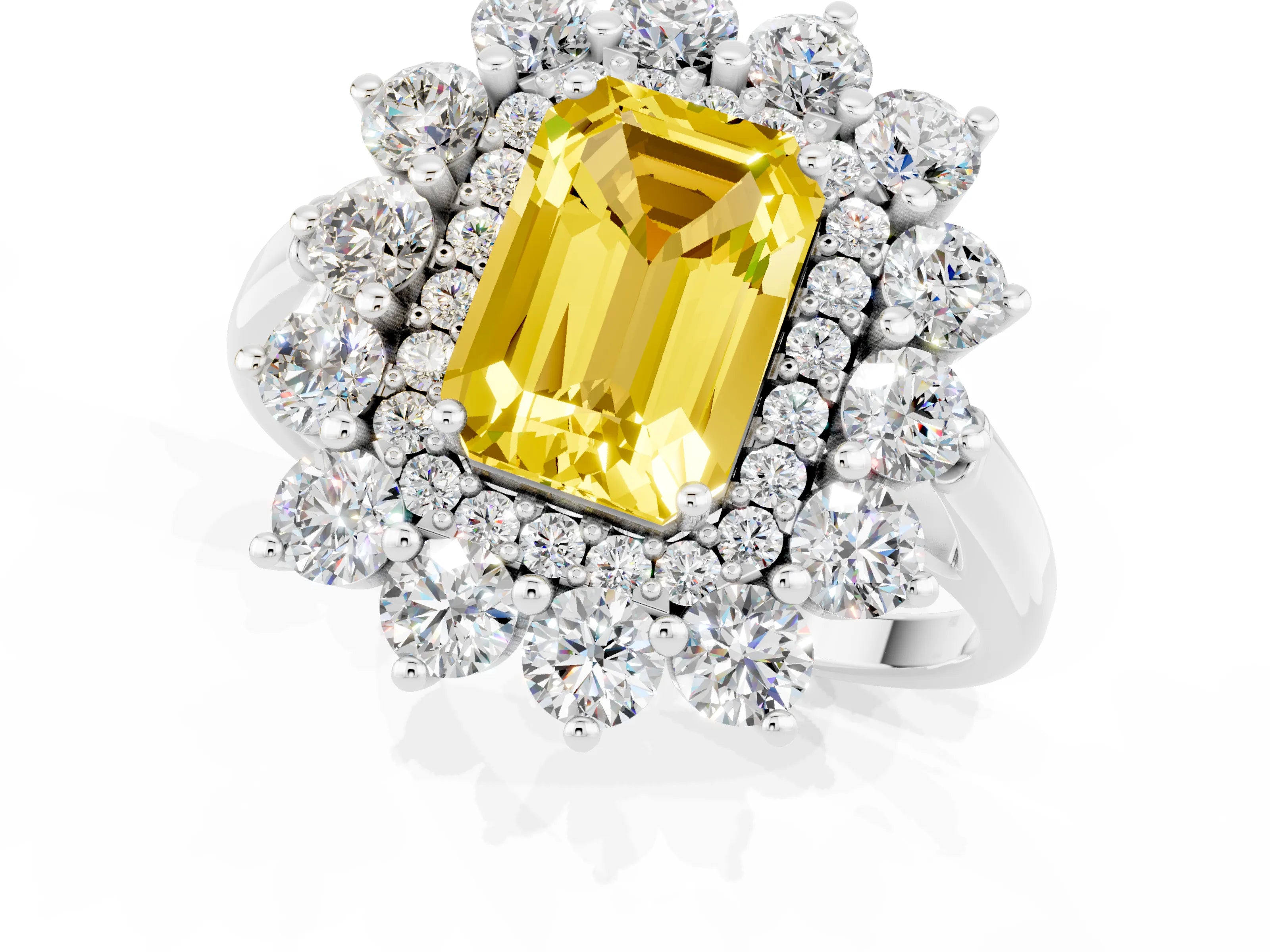 White gold Emerald Cut Halo Cluster Diamond Ring with Pave Band and Four-Prong Setting_1