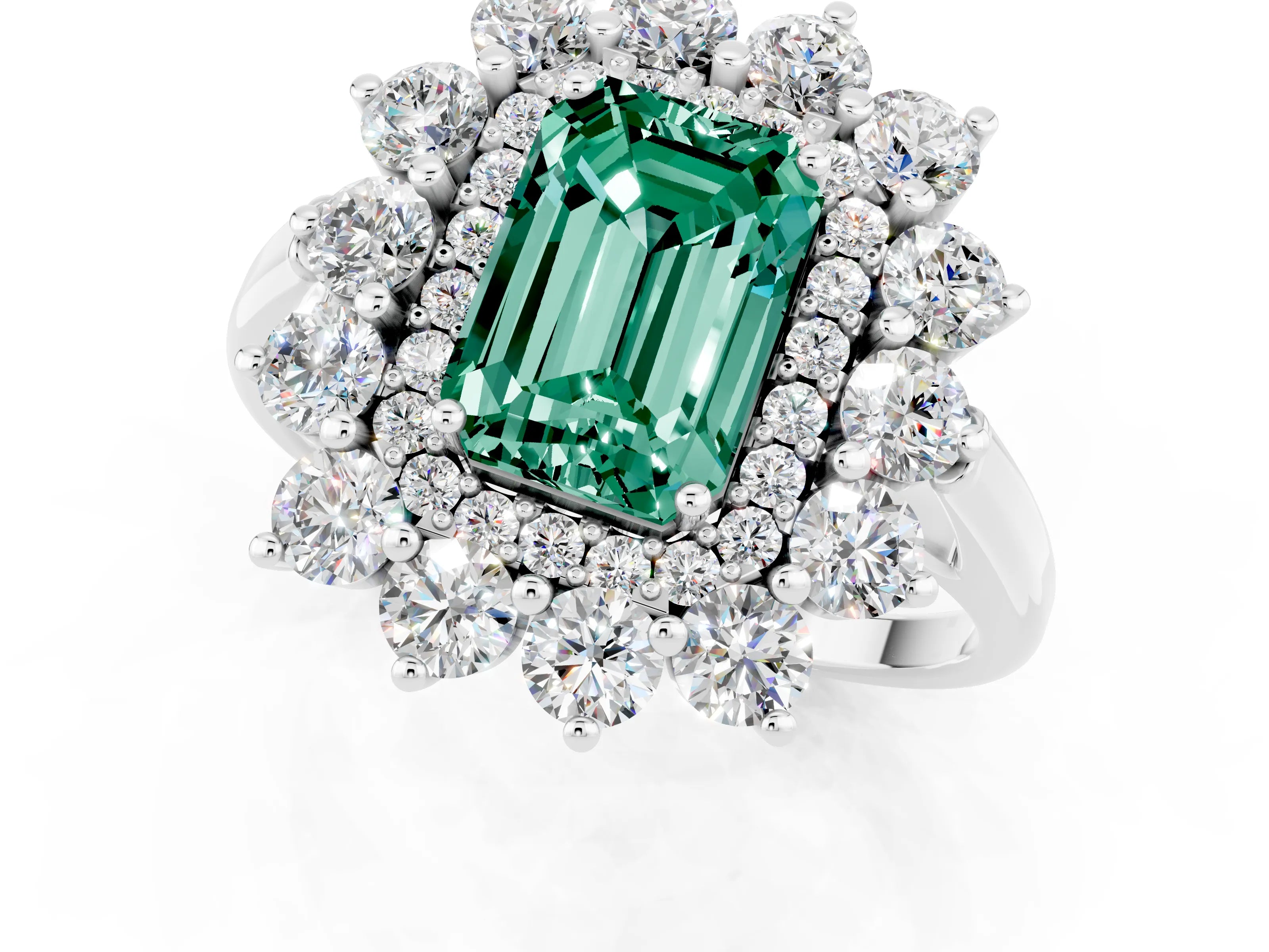 White gold Emerald Cut Halo Cluster Diamond Ring with Pave Band and Four-Prong Setting_1