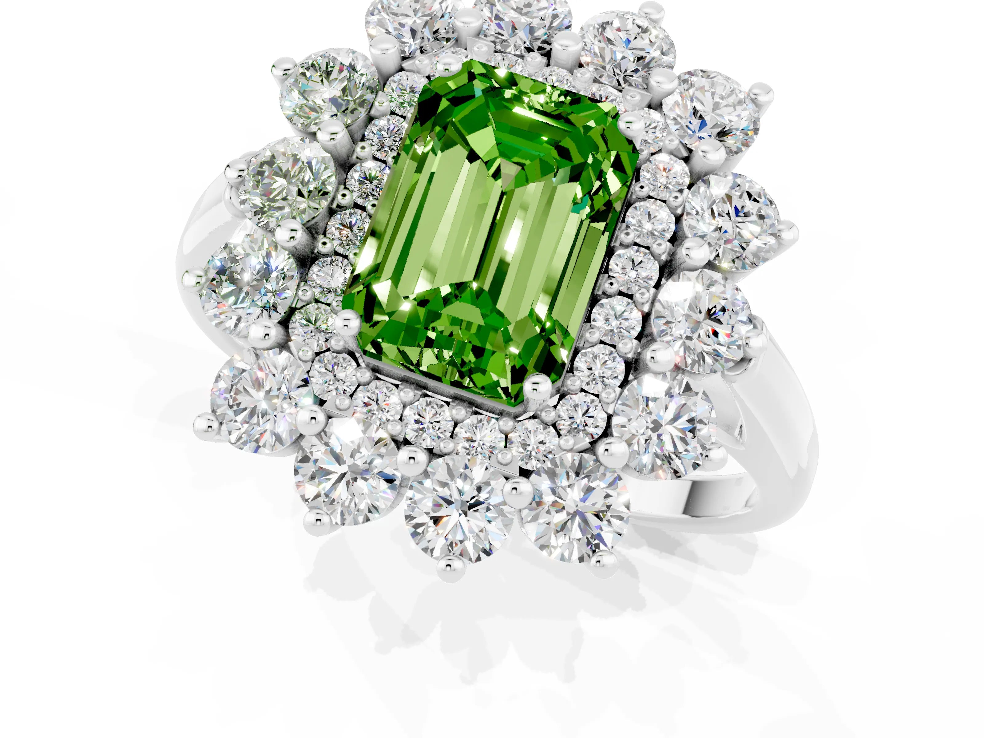 White gold Emerald Cut Halo Cluster Diamond Ring with Pave Band and Four-Prong Setting_1