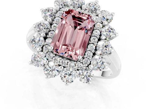 White gold Emerald Cut Halo Cluster Diamond Ring with Pave Band and Four-Prong Setting_1