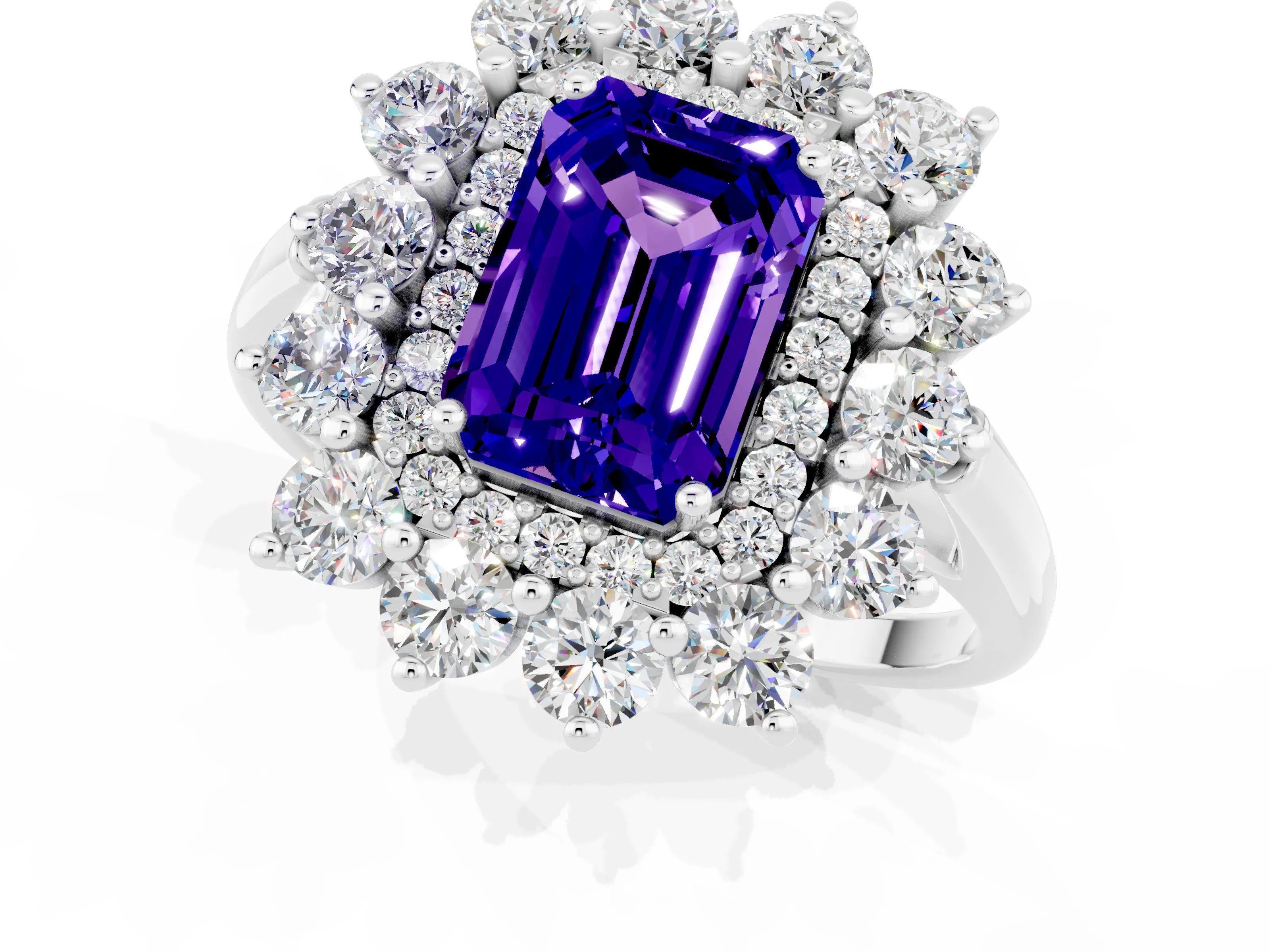 White gold Emerald Cut Halo Cluster Diamond Ring with Pave Band and Four-Prong Setting_1
