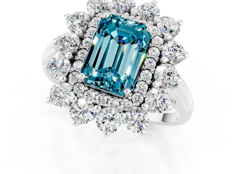 White gold Emerald Cut Halo Cluster Diamond Ring with Pave Band and Four-Prong Setting_1
