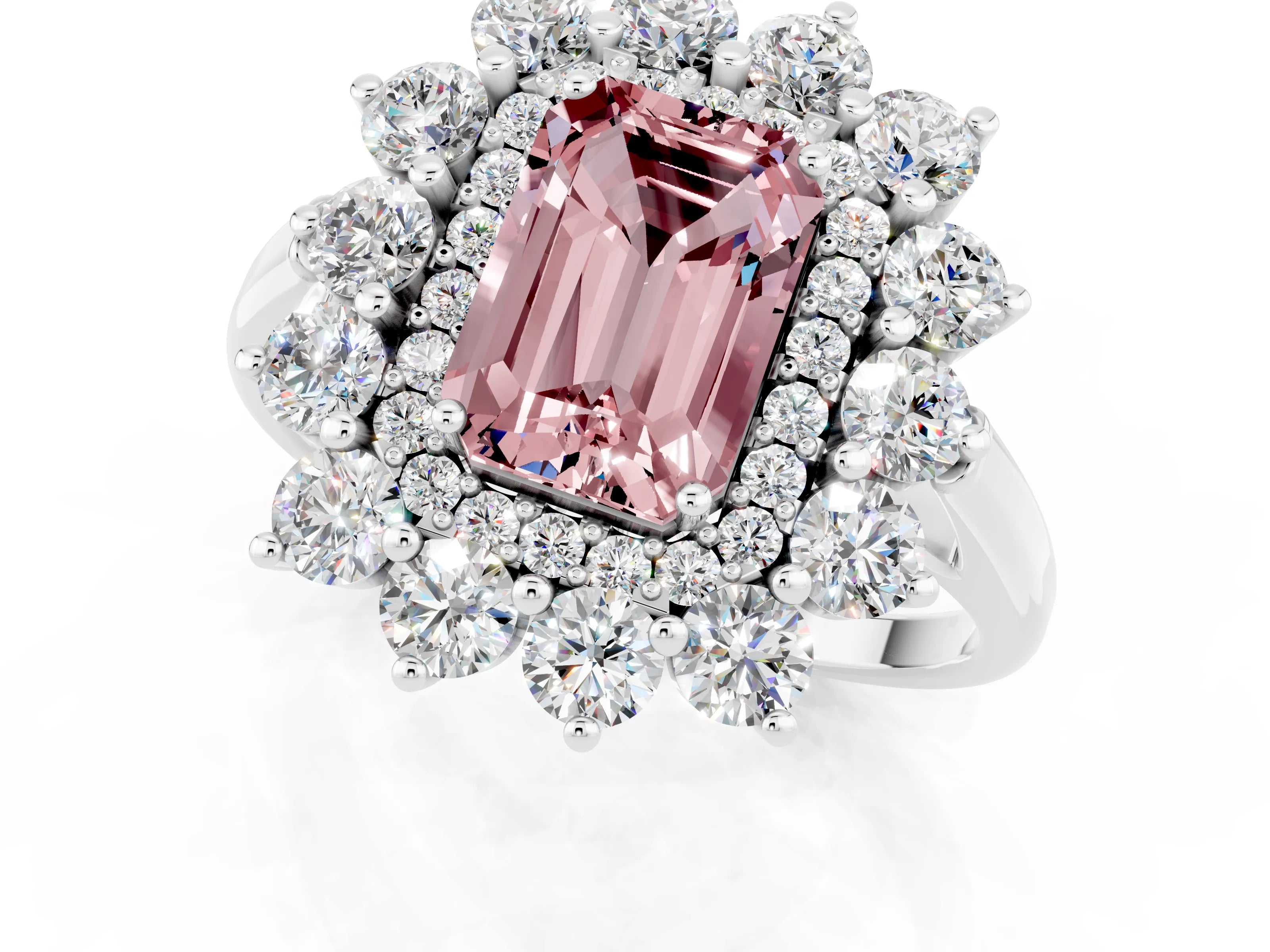 White gold Emerald Cut Halo Cluster Diamond Ring with Pave Band and Four-Prong Setting_1