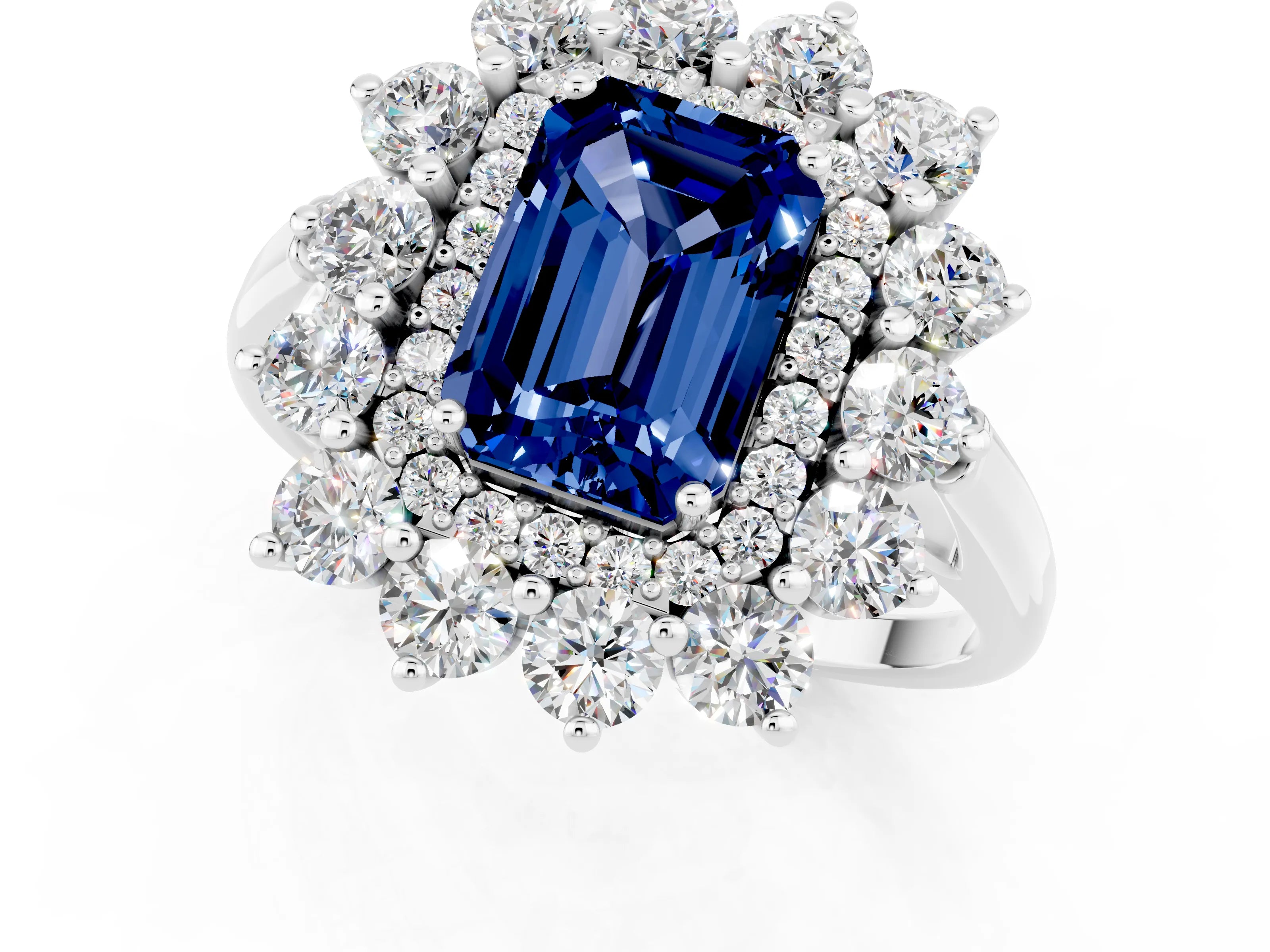 White gold Emerald Cut Halo Cluster Diamond Ring with Pave Band and Four-Prong Setting_1
