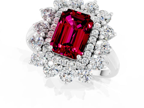 White gold Emerald Cut Halo Cluster Diamond Ring with Pave Band and Four-Prong Setting_1