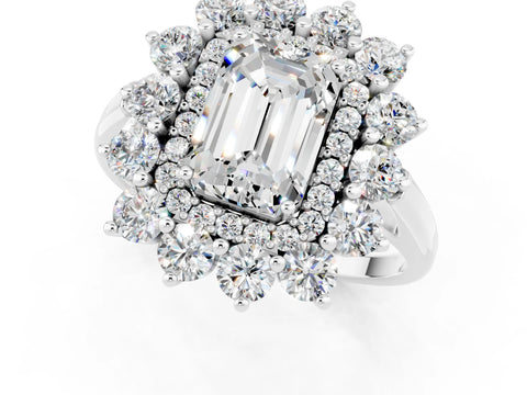 White gold Emerald Cut Halo Cluster Diamond Ring with Pave Band and Four-Prong Setting_1
