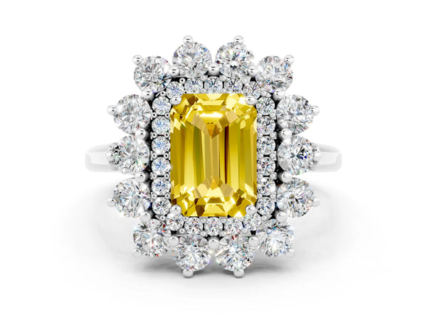 Silver Emerald Cut Yellow Sapphire Floral Double Halo Engagement Ring with Prong Setting