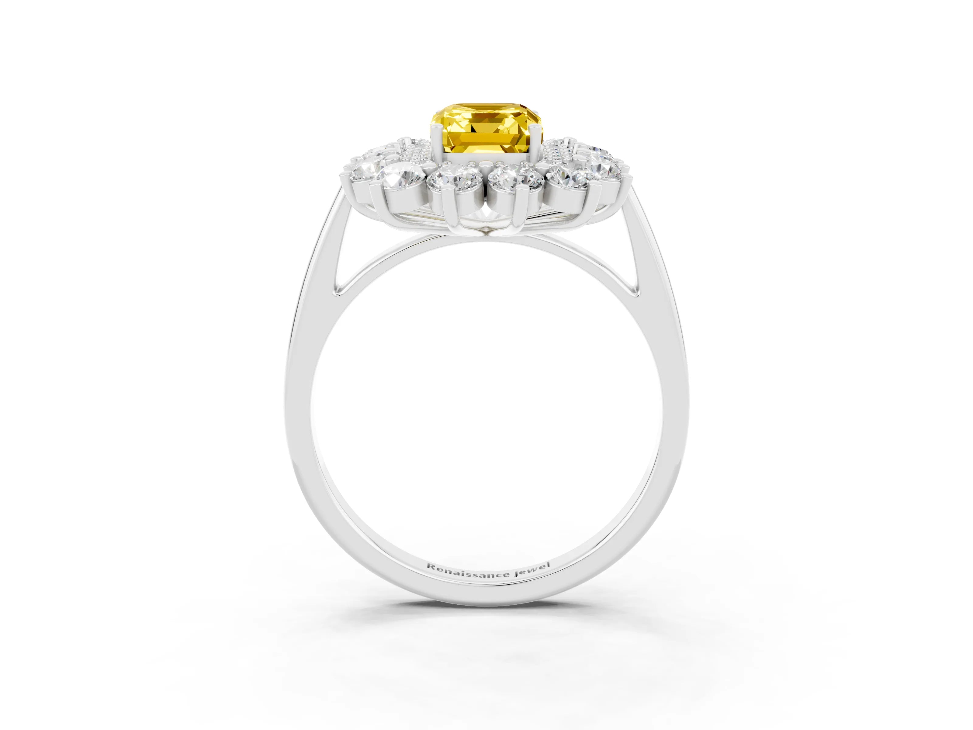 White gold Emerald Cut Halo Cluster Diamond Ring with Pave Band and Four-Prong Setting_21