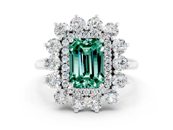 Platinum Emerald Cut Halo Cluster Diamond Ring with Pave Band and Four-Prong Setting