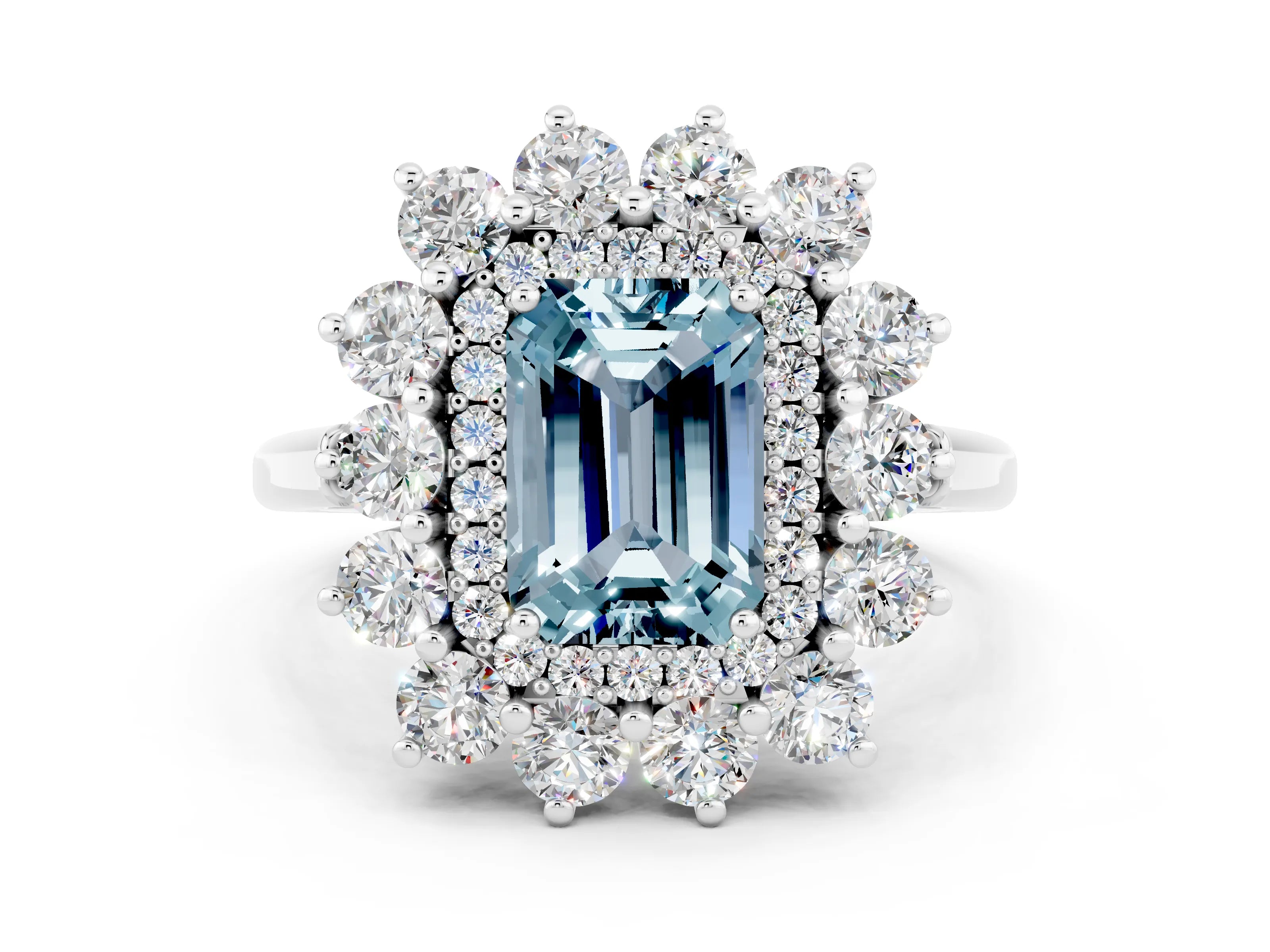 White gold Emerald Cut Halo Cluster Diamond Ring with Pave Band and Four-Prong Setting_22