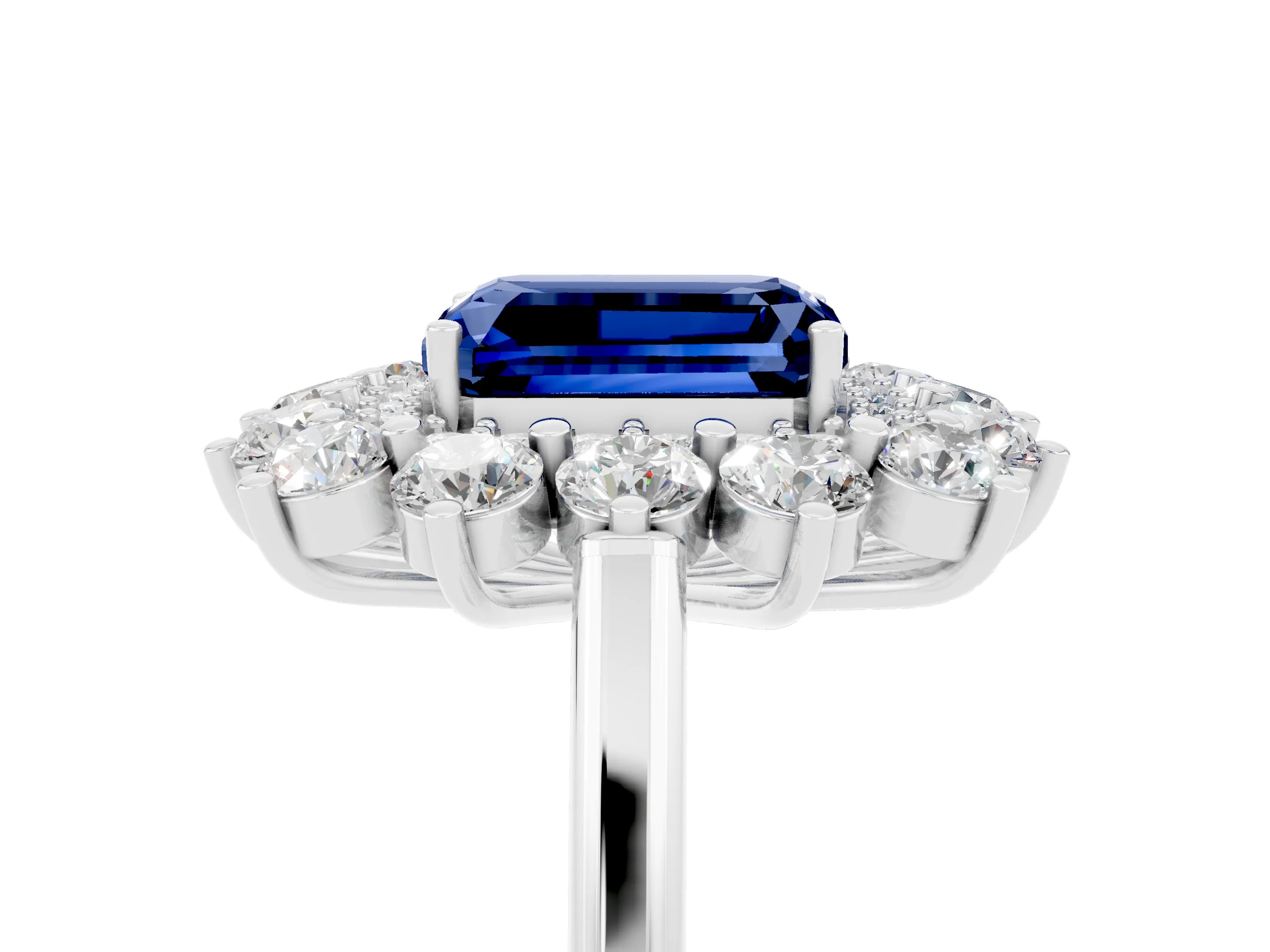 White gold Emerald Cut Halo Cluster Diamond Ring with Pave Band and Four-Prong Setting_23
