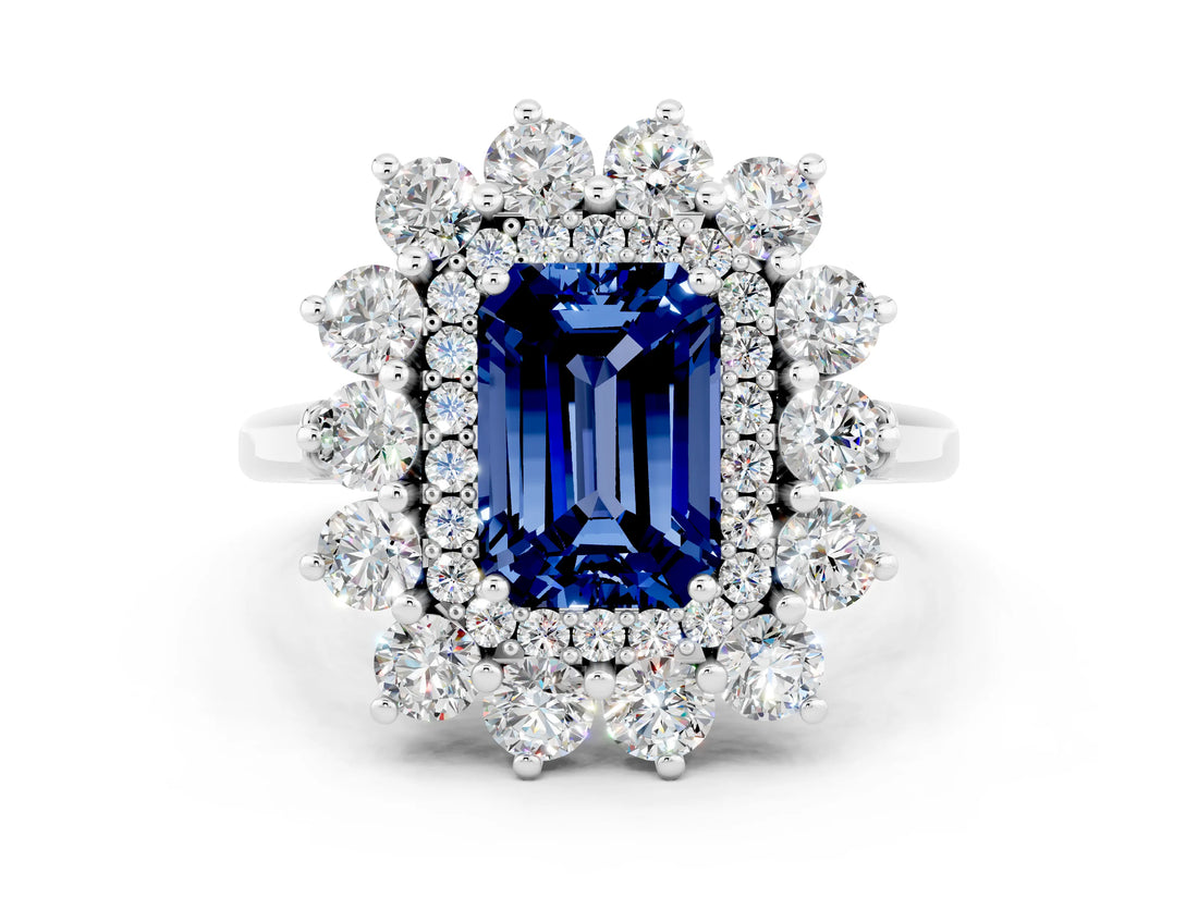 White gold Emerald Cut Halo Cluster Diamond Ring with Pave Band and Four-Prong Setting_24