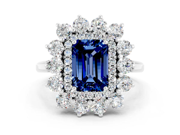 Platinum Emerald Cut Blue Sapphire Floral Double Halo Engagement Ring with Prong Setting