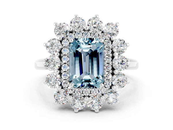 White gold Emerald Cut Aquamarine Floral Double Halo Engagement Ring with Prong Setting