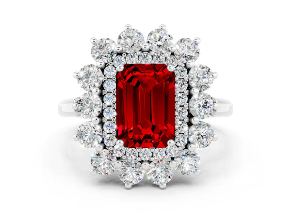 Platinum Emerald Cut Ruby Floral Double Halo Engagement Ring with Prong Setting