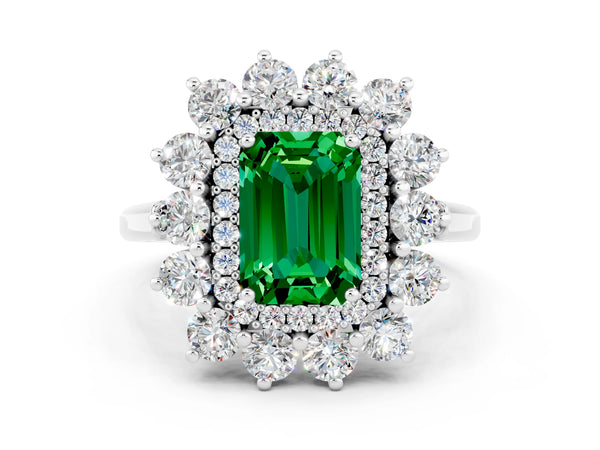 Silver Emerald Cut Emerald Floral Double Halo Engagement Ring with Prong Setting
