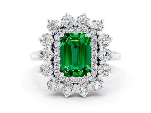 White gold Emerald Cut Halo Cluster Diamond Ring with Pave Band and Four-Prong Setting_24