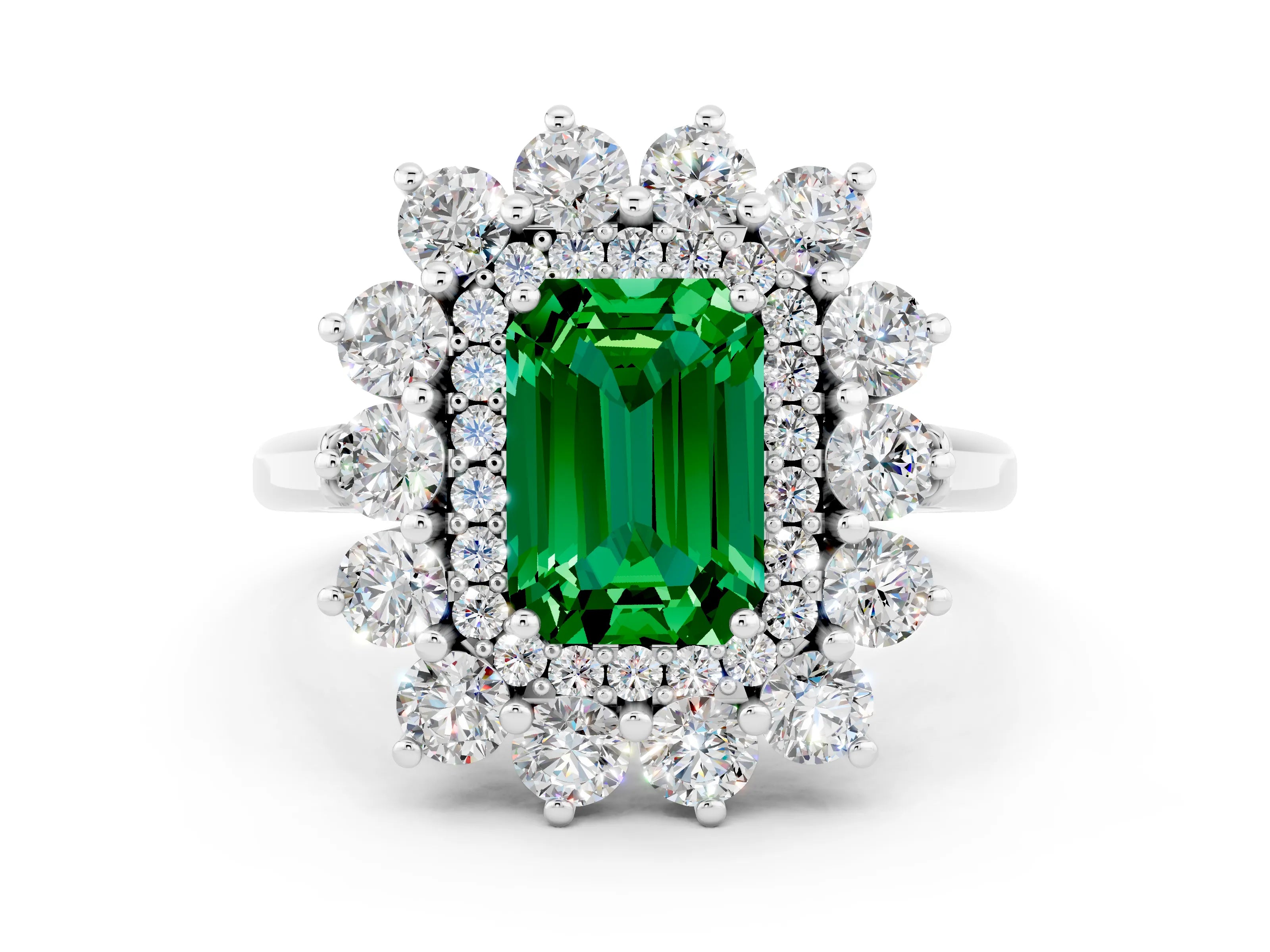 White gold Emerald Cut Halo Cluster Diamond Ring with Pave Band and Four-Prong Setting_25