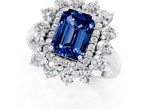 White gold Emerald Cut Halo Cluster Diamond Ring with Pave Band and Four-Prong Setting_25