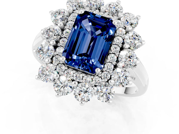 Platinum Emerald Cut Blue Sapphire Floral Double Halo Engagement Ring with Prong Setting
