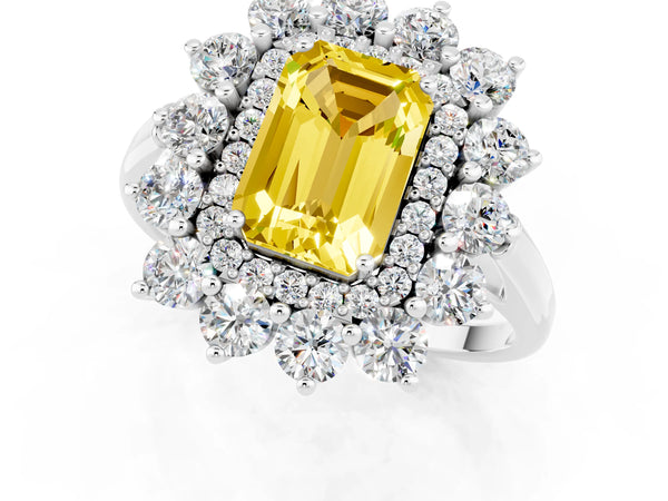 Platinum Emerald Cut Yellow Sapphire Floral Double Halo Engagement Ring with Prong Setting