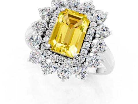 White gold Emerald Cut Halo Cluster Diamond Ring with Pave Band and Four-Prong Setting_25