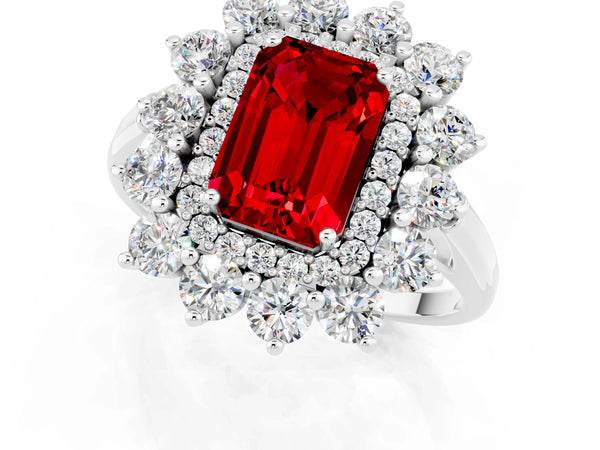 Platinum Emerald Cut Ruby Floral Double Halo Engagement Ring with Prong Setting