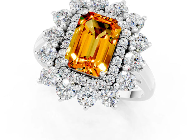 Platinum Emerald Cut Citrine Floral Double Halo Engagement Ring with Prong Setting